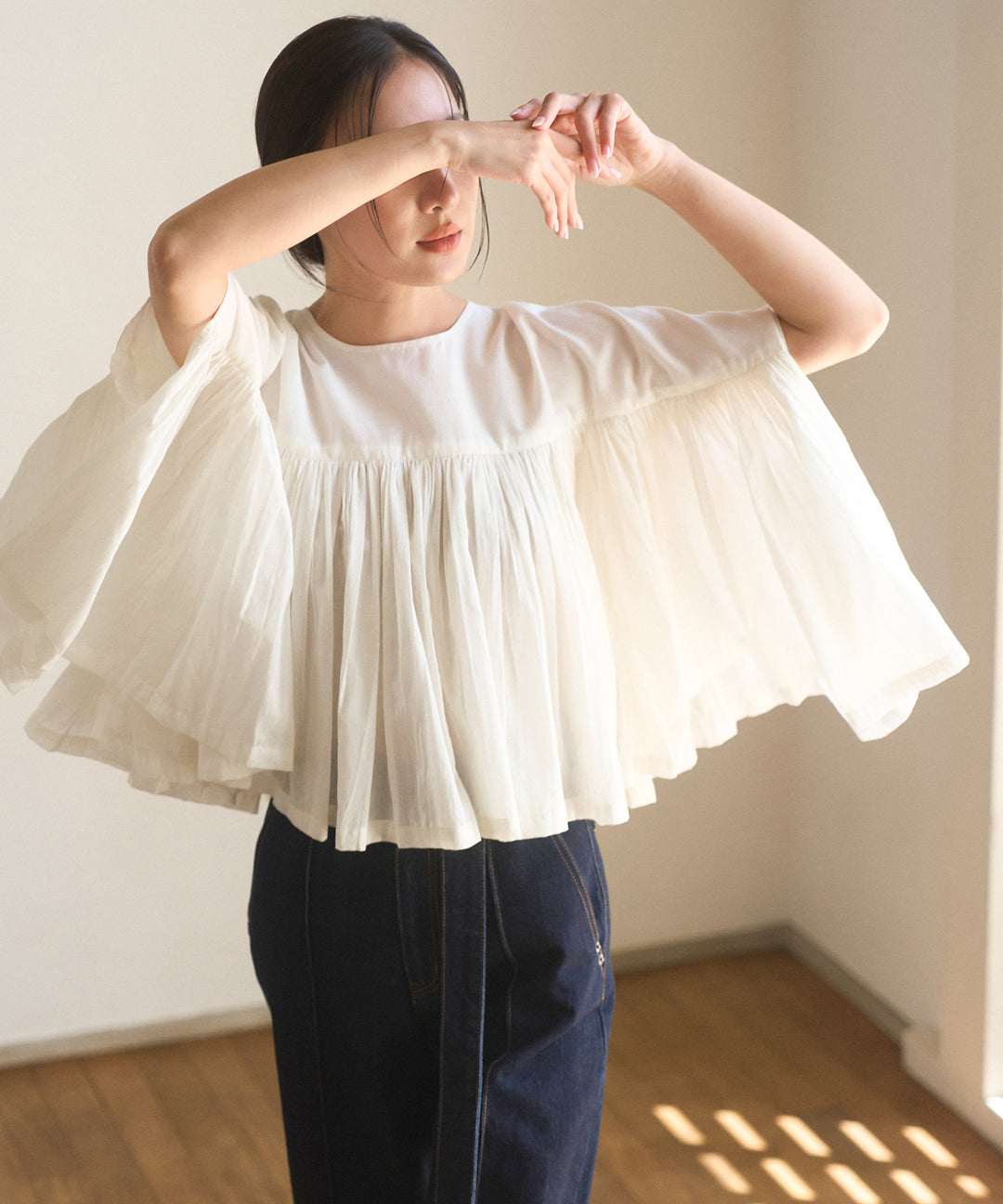 【INDIA made】Gather Volume Voile Blouse