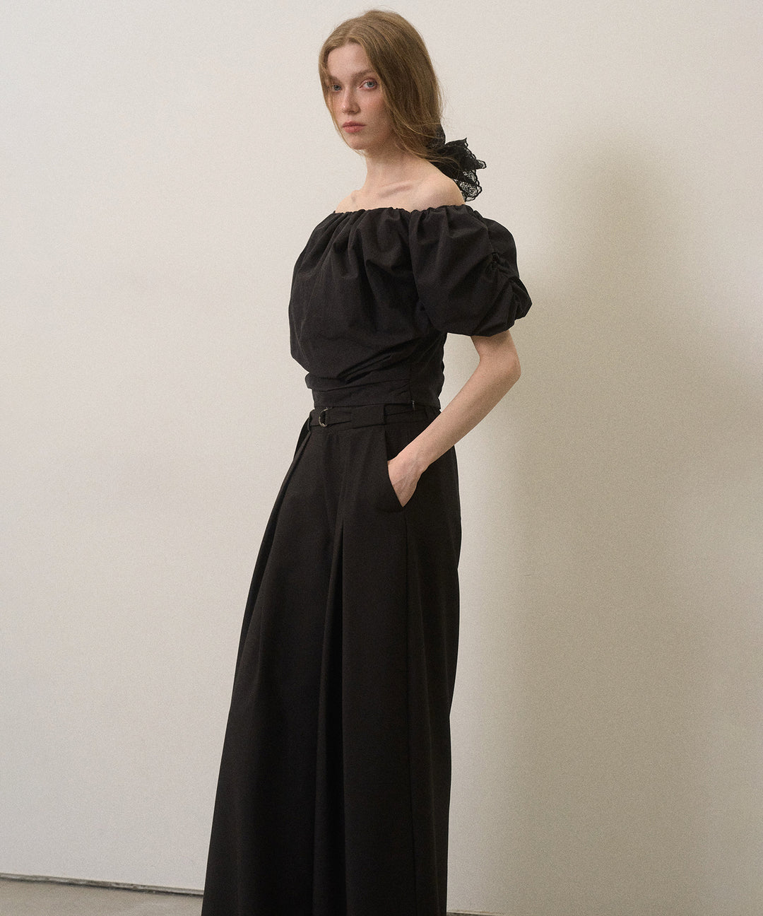 Wide Tuck Belt Flare Slacks