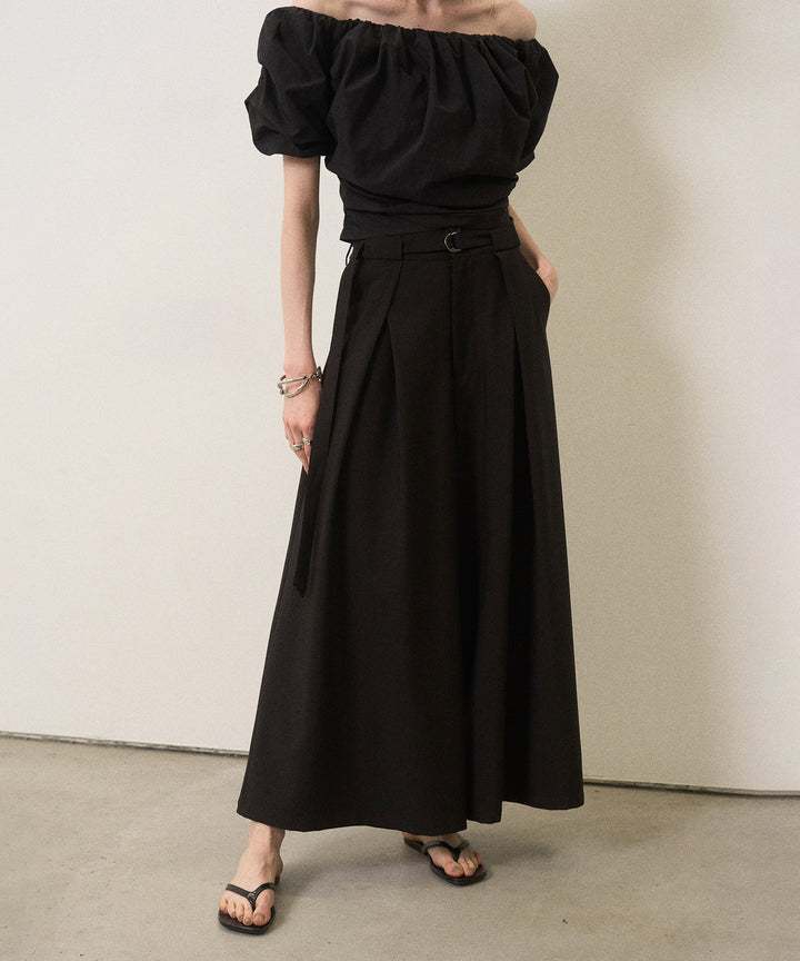 Wide Tuck Belt Flare Slacks
