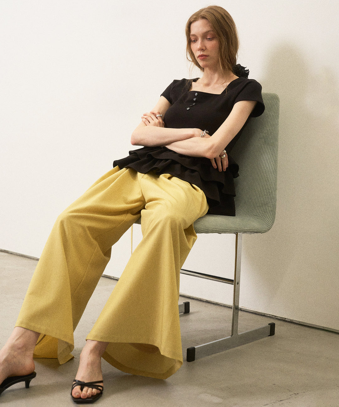Wide Tuck Belt Flare Slacks