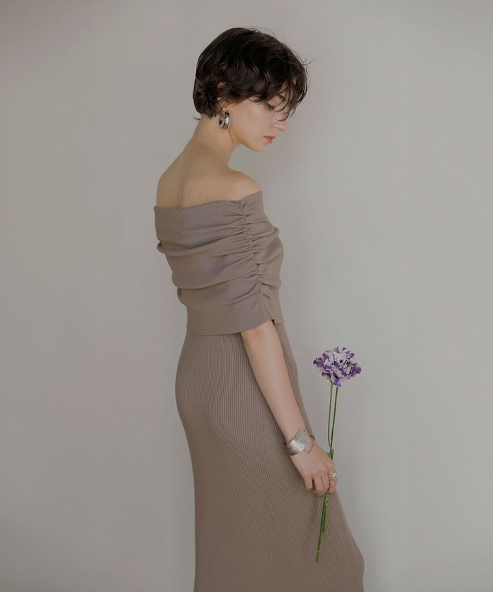 Gather Off Shoulder Contrast Knit Dress
