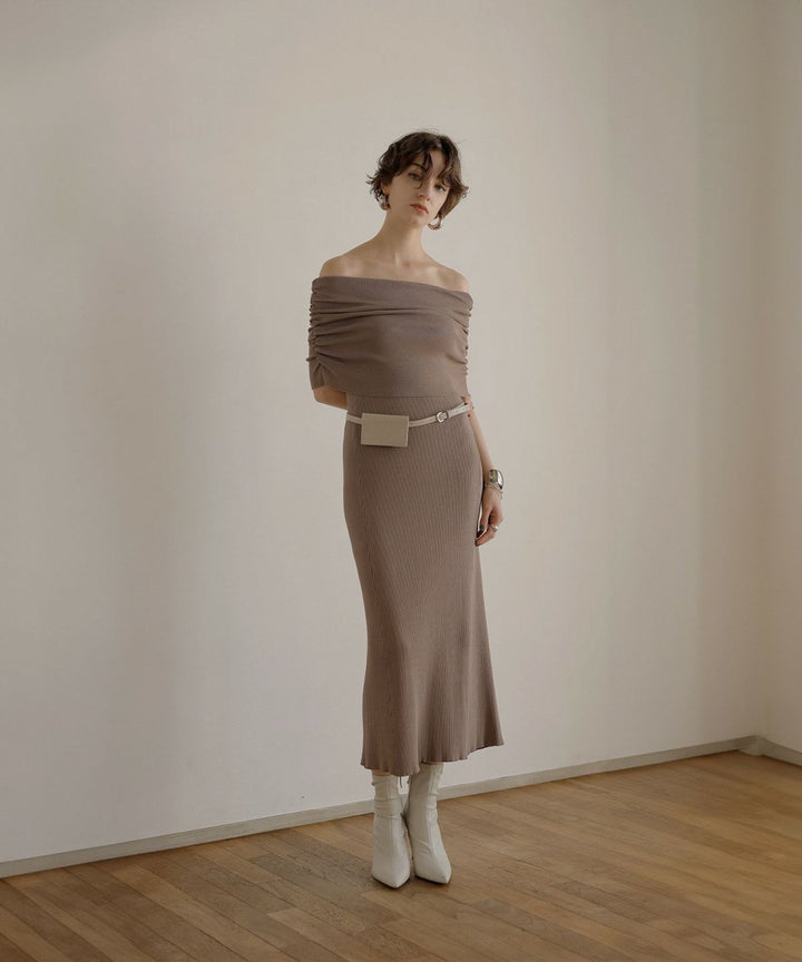 Gather Off Shoulder Contrast Knit Dress
