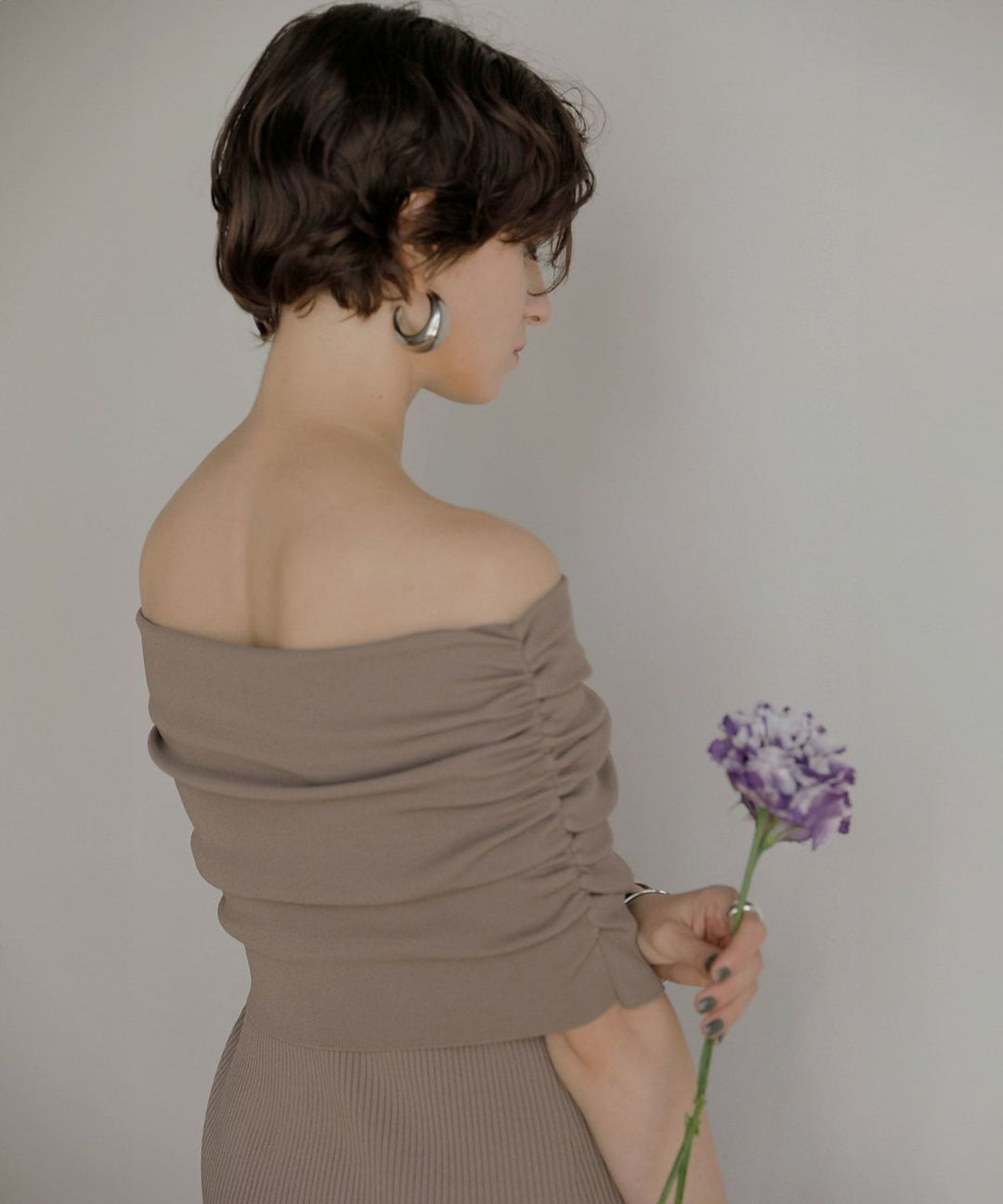 Gather Off Shoulder Contrast Knit Dress