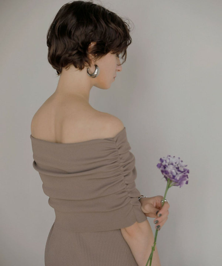 Gather Off Shoulder Contrast Knit Dress