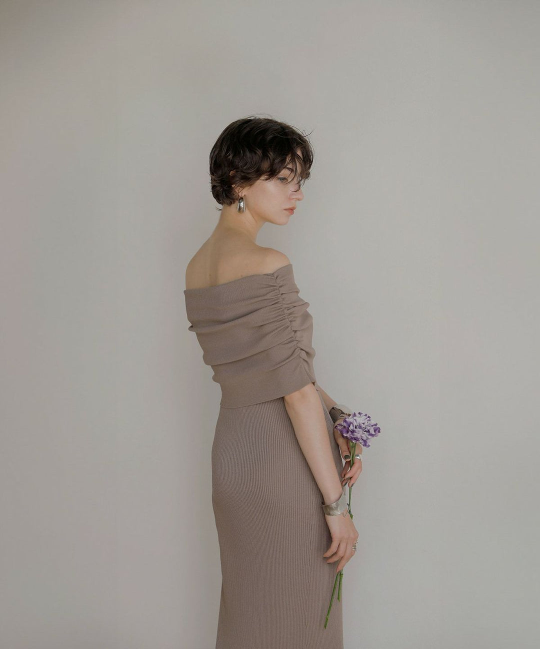Gather Off Shoulder Contrast Knit Dress