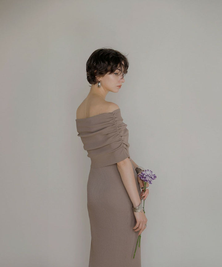 Gather Off Shoulder Contrast Knit Dress