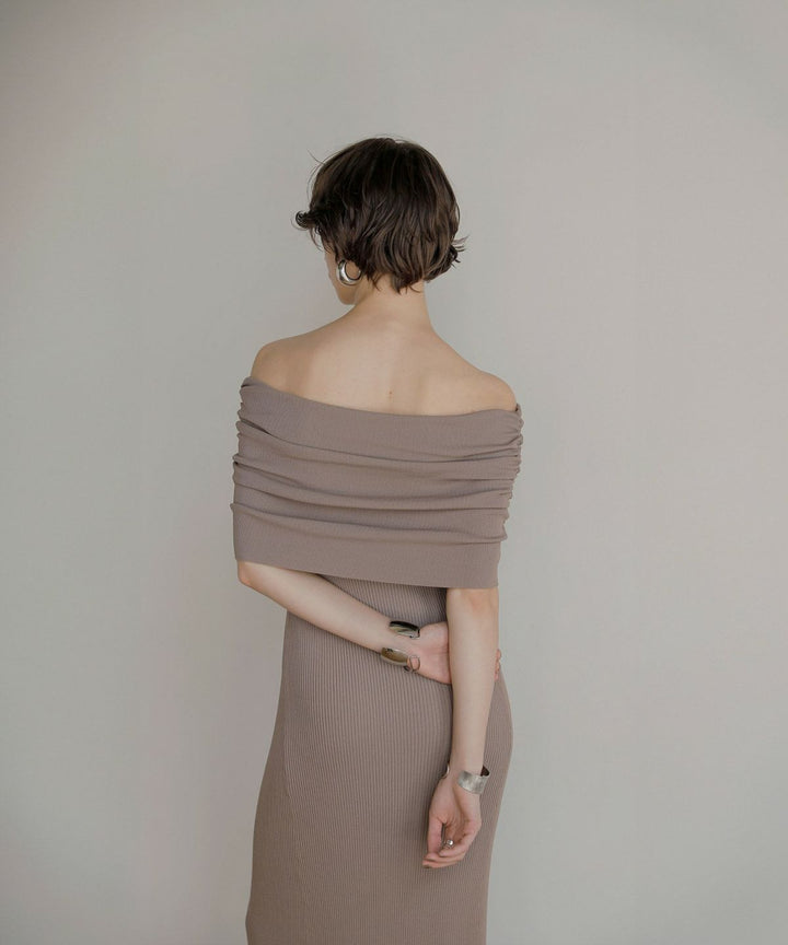 Gather Off Shoulder Contrast Knit Dress