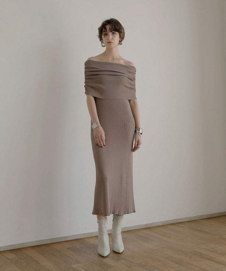 Gather Off Shoulder Contrast Knit Dress