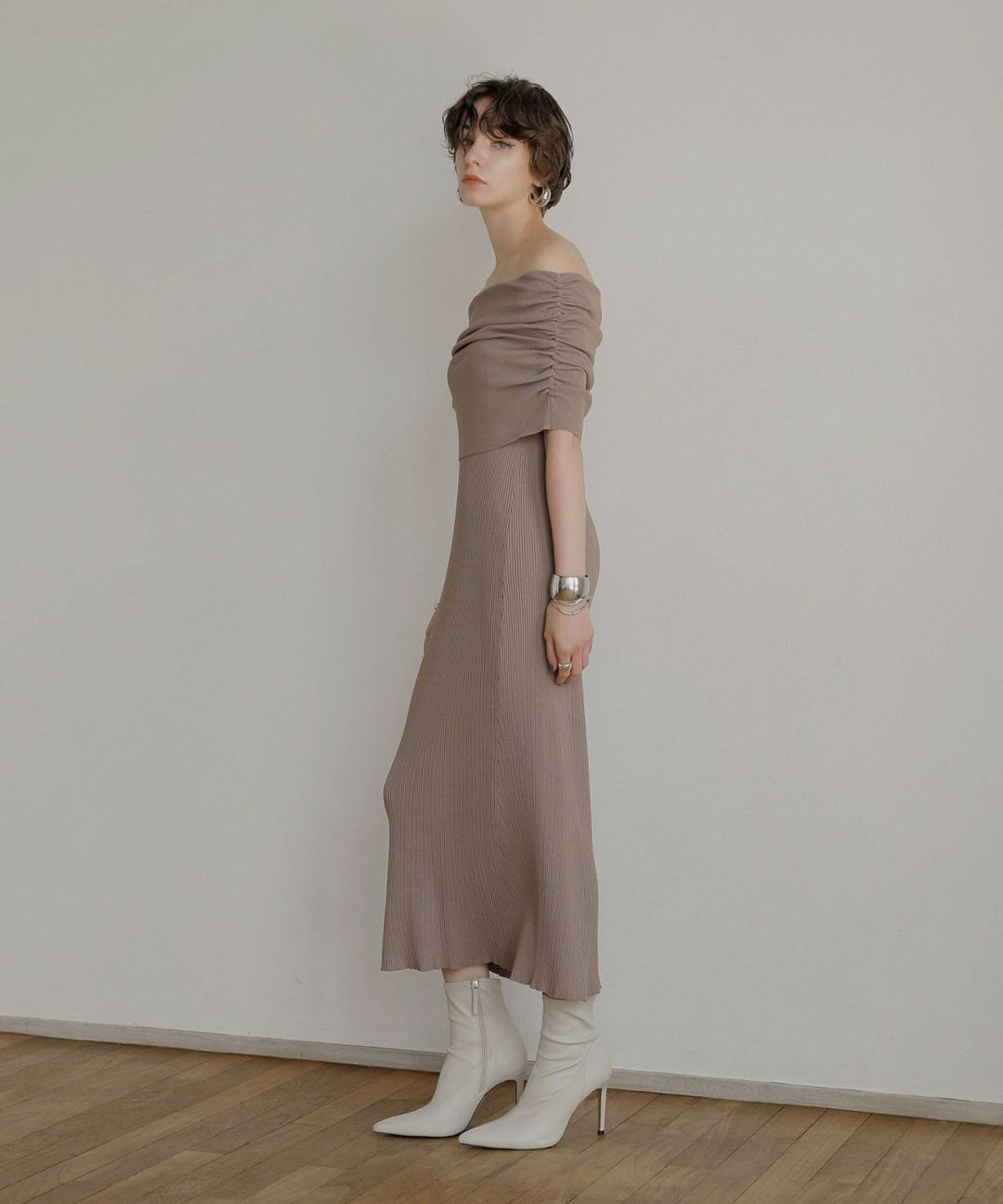 Gather Off Shoulder Contrast Knit Dress