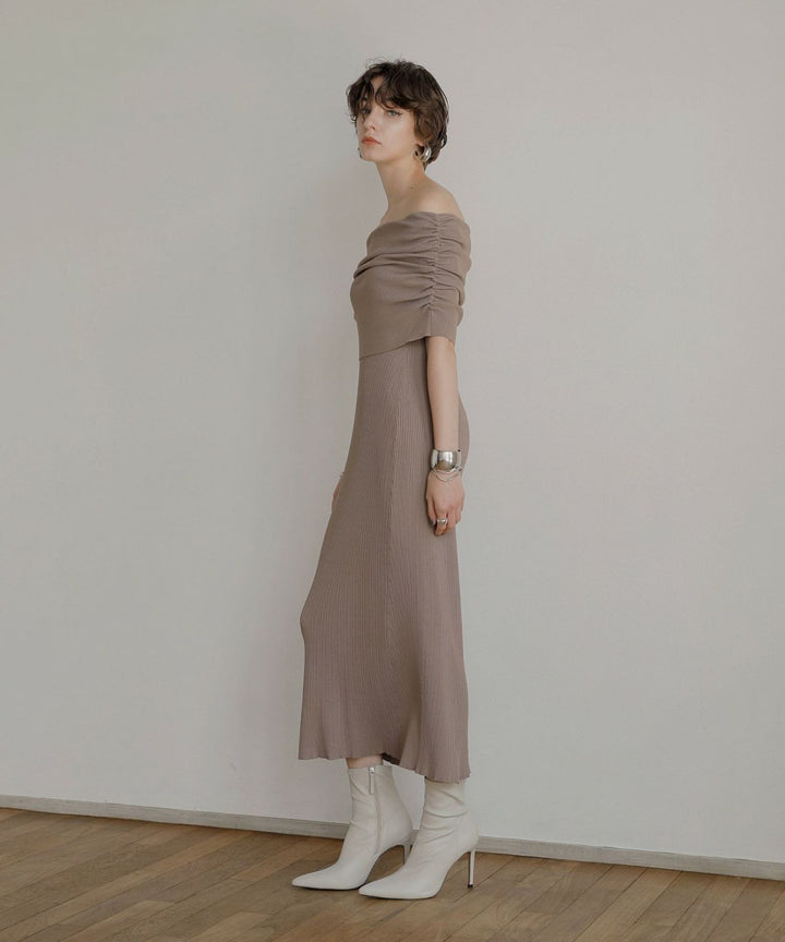 Gather Off Shoulder Contrast Knit Dress