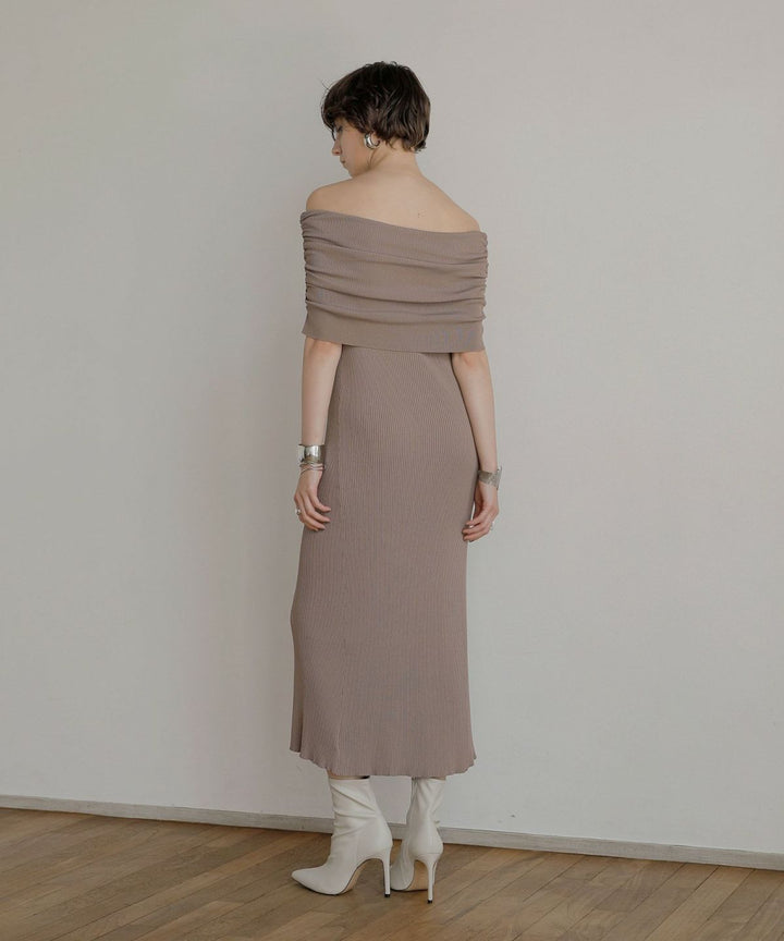 Gather Off Shoulder Contrast Knit Dress