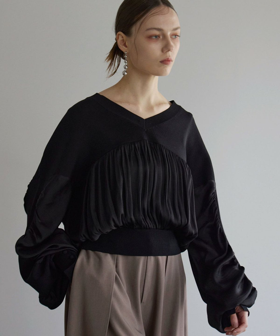 Volume Gather Mix Knit Tops