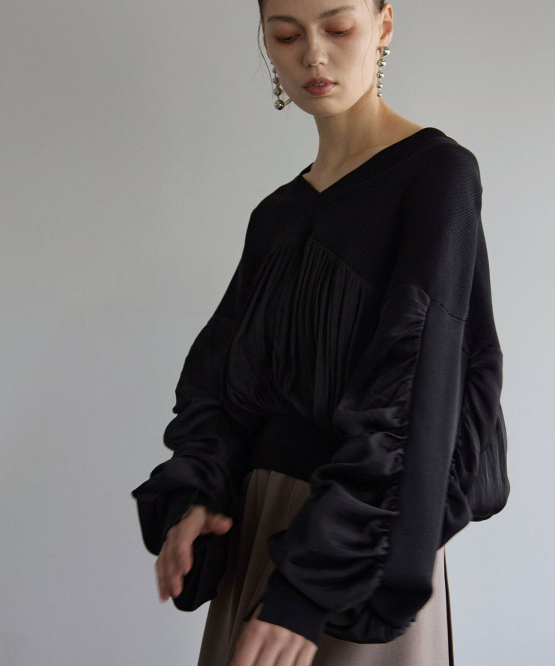 Volume Gather Mix Knit Tops