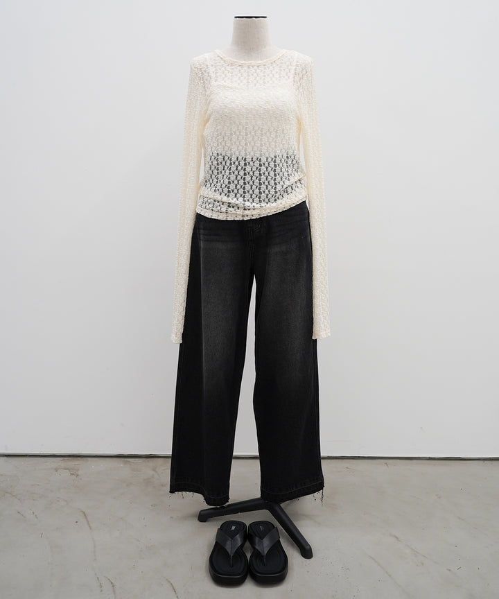 [2SET]Bumpy Lace Long Tee + Hem Wash Denim