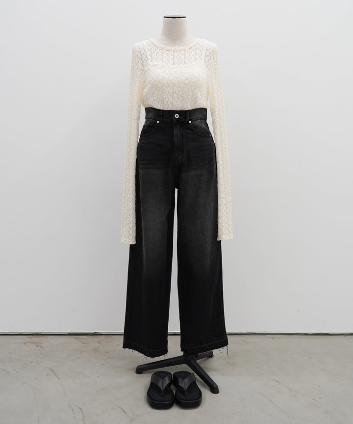 [2SET]Bumpy Lace Long Tee + Hem Wash Denim