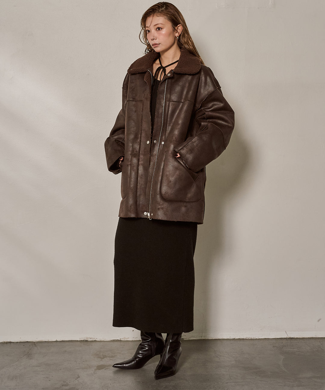 [SET]F/Mouton Reversible JK Coat+Soft Touch Choker Knit Onepiece