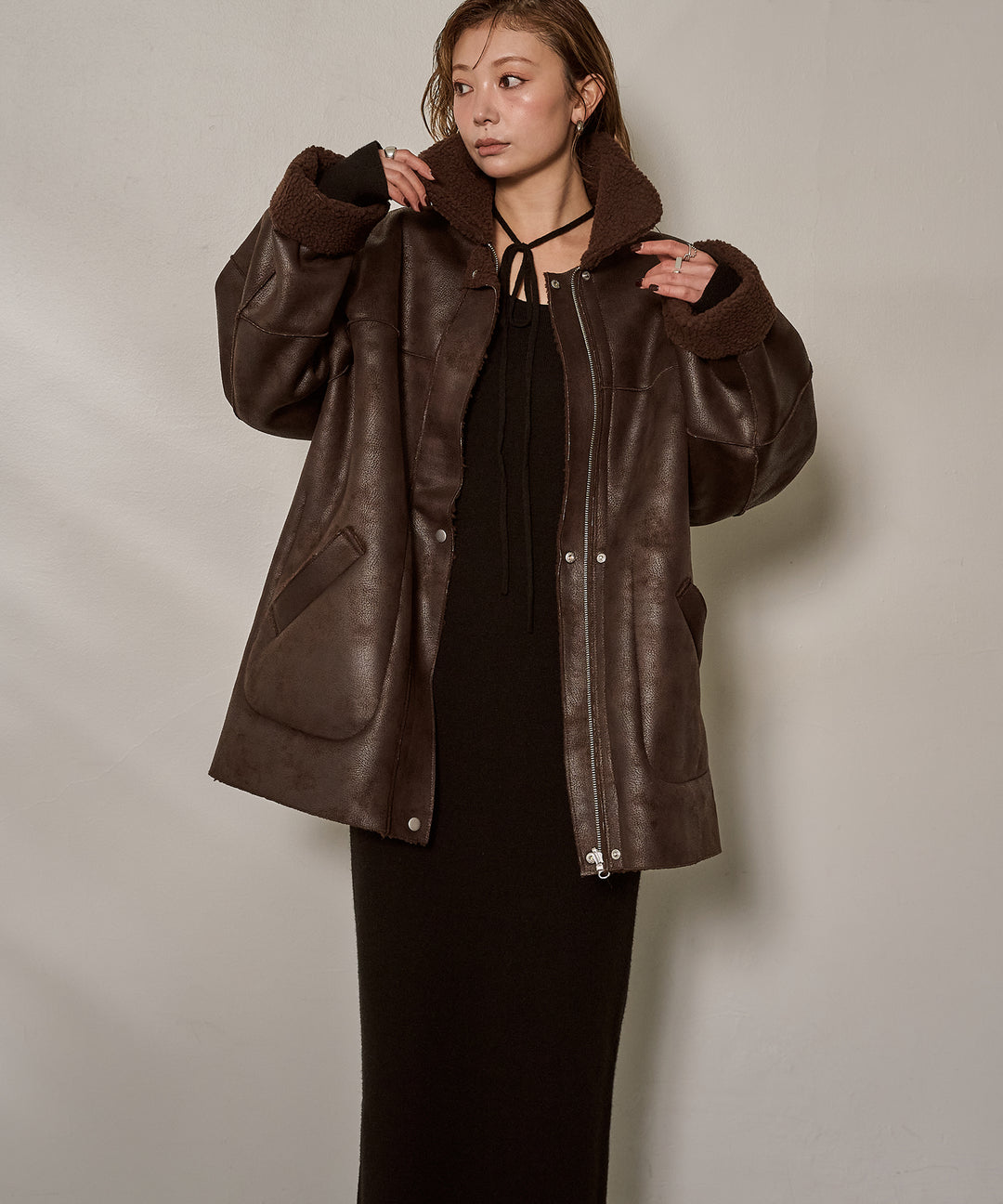 [SET]F/Mouton Reversible JK Coat+Soft Touch Choker Knit Onepiece