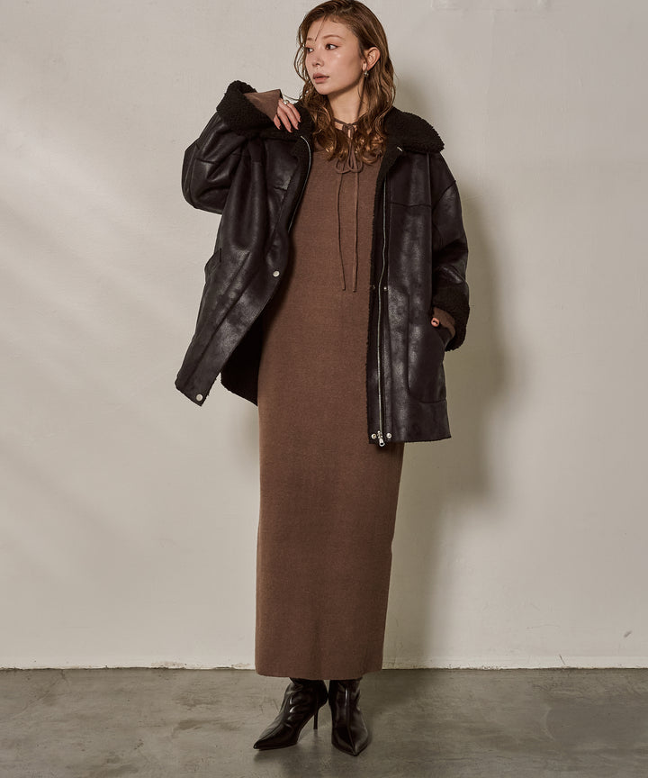 [SET]F/Mouton Reversible JK Coat+Soft Touch Choker Knit Onepiece