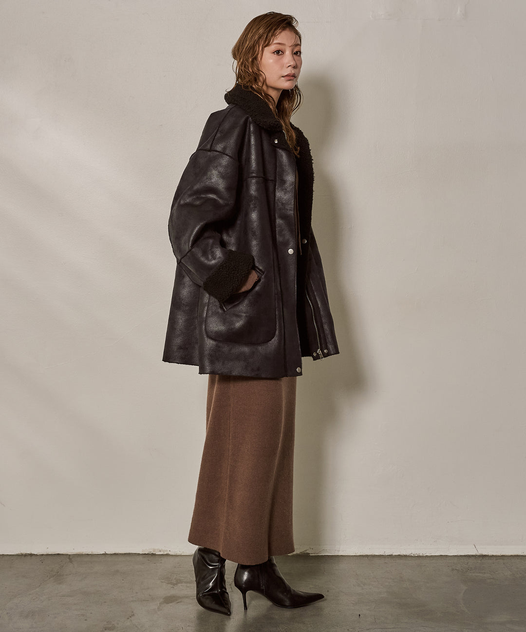 [SET]F/Mouton Reversible JK Coat+Soft Touch Choker Knit Onepiece