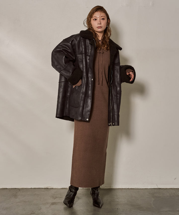 [SET]F/Mouton Reversible JK Coat+Soft Touch Choker Knit Onepiece