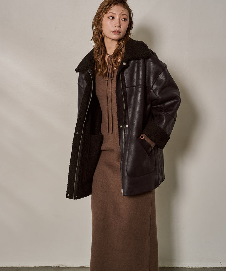 [SET]F/Mouton Reversible JK Coat+Soft Touch Choker Knit Onepiece