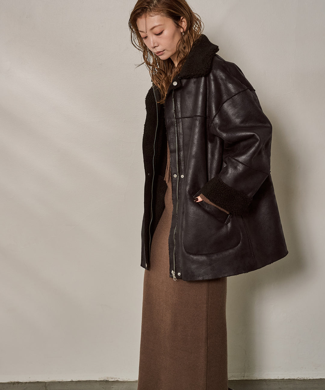 [SET]F/Mouton Reversible JK Coat+Soft Touch Choker Knit Onepiece