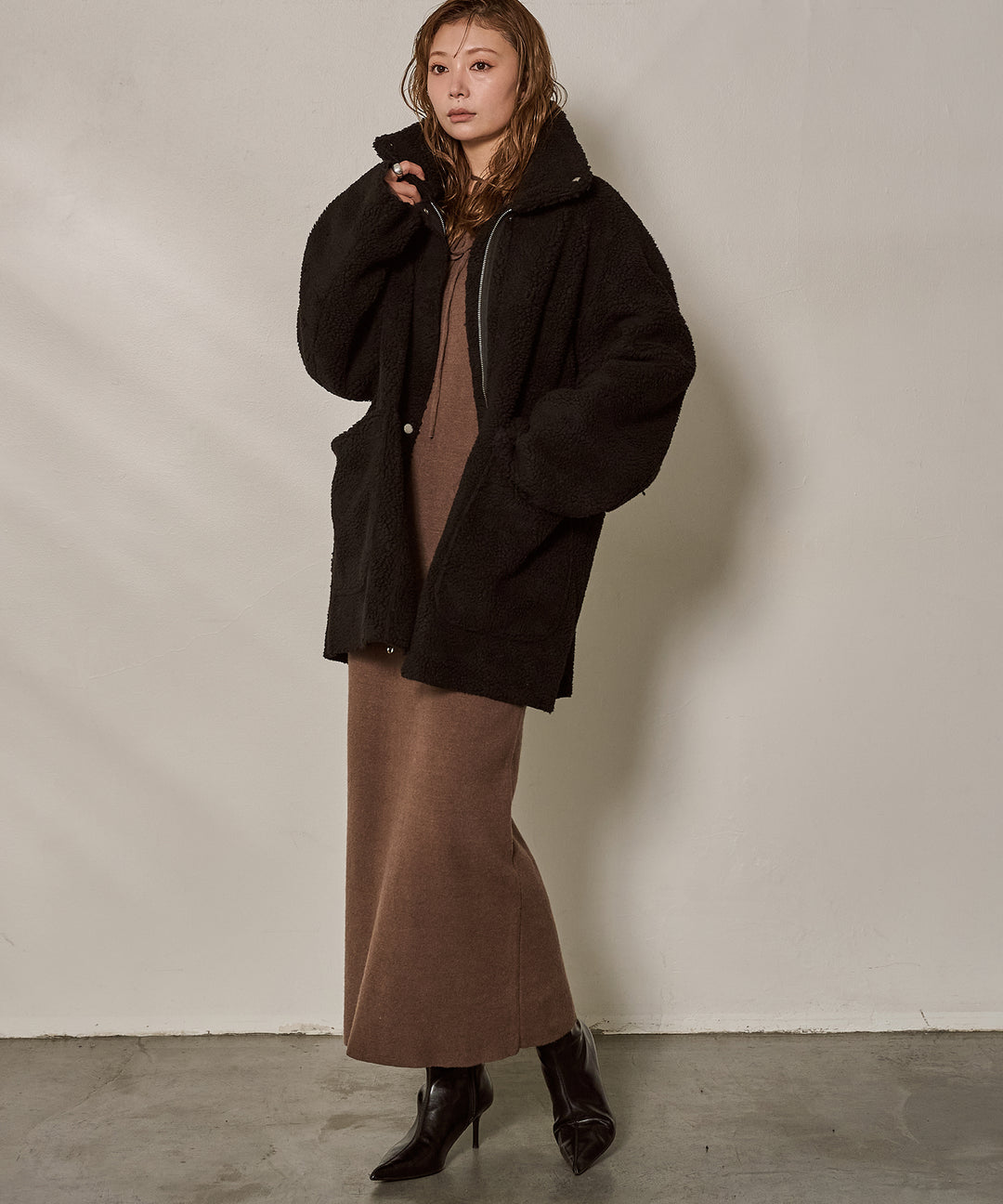 [SET]F/Mouton Reversible JK Coat+Soft Touch Choker Knit Onepiece