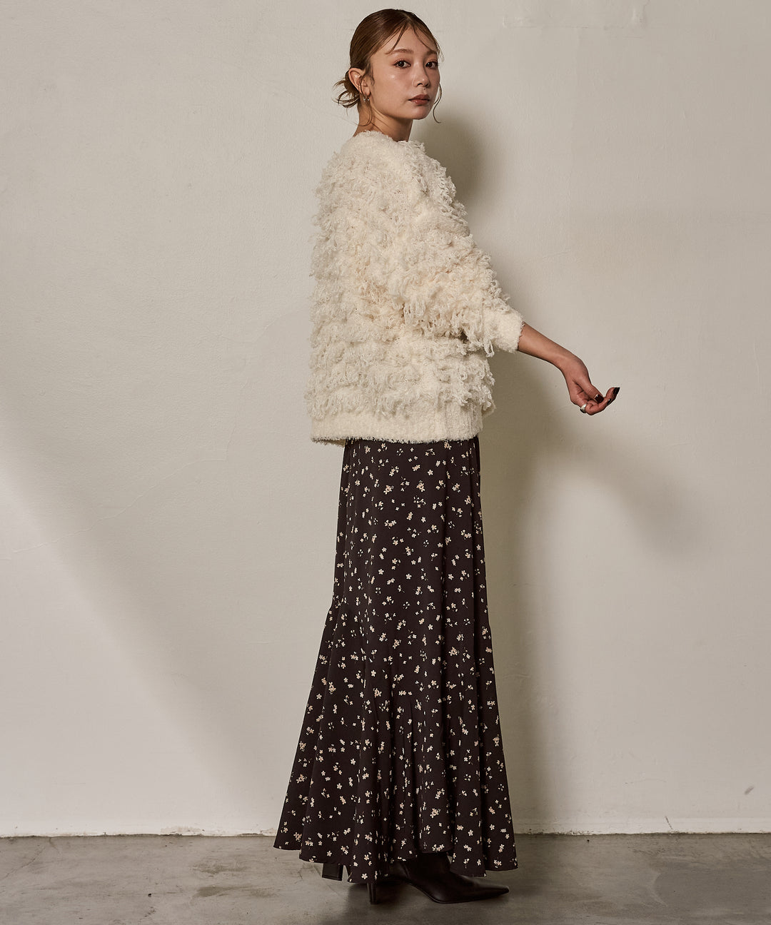 [SET]Teddy Loop P/O Knit+Floral Semi Flare Skirt