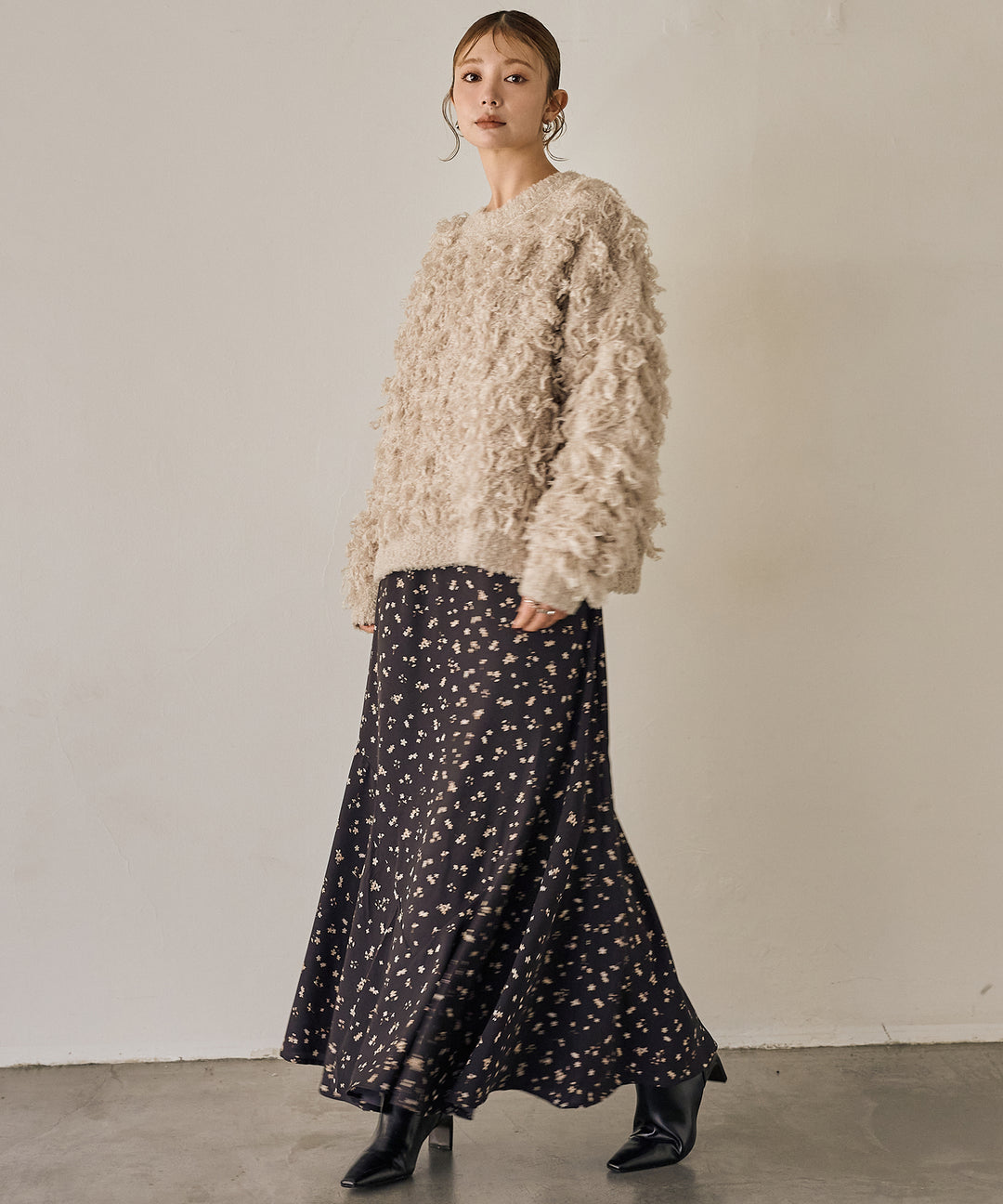 [SET]Teddy Loop P/O Knit+Floral Semi Flare Skirt