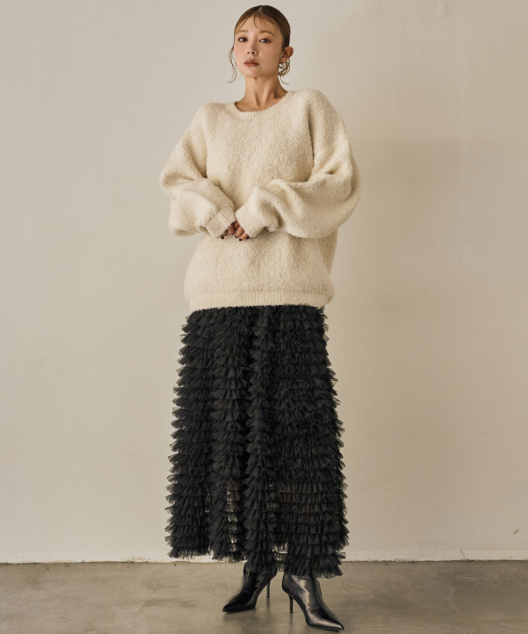 [SET]Boucle Wide Knit Tunic+Verbena Pin Tulle Skirt