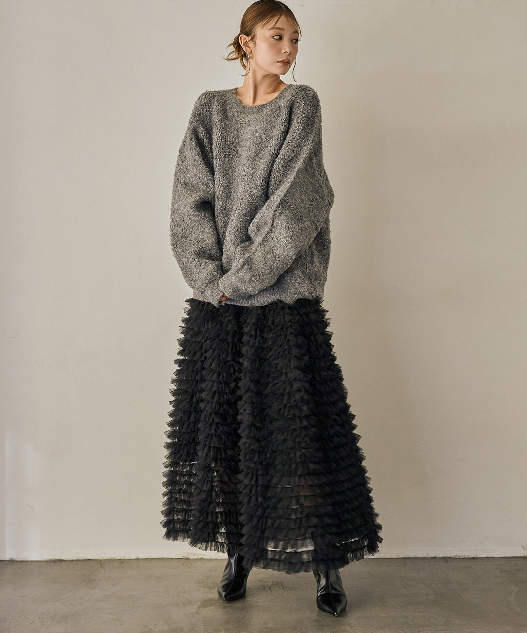 [SET]Boucle Wide Knit Tunic+Verbena Pin Tulle Skirt