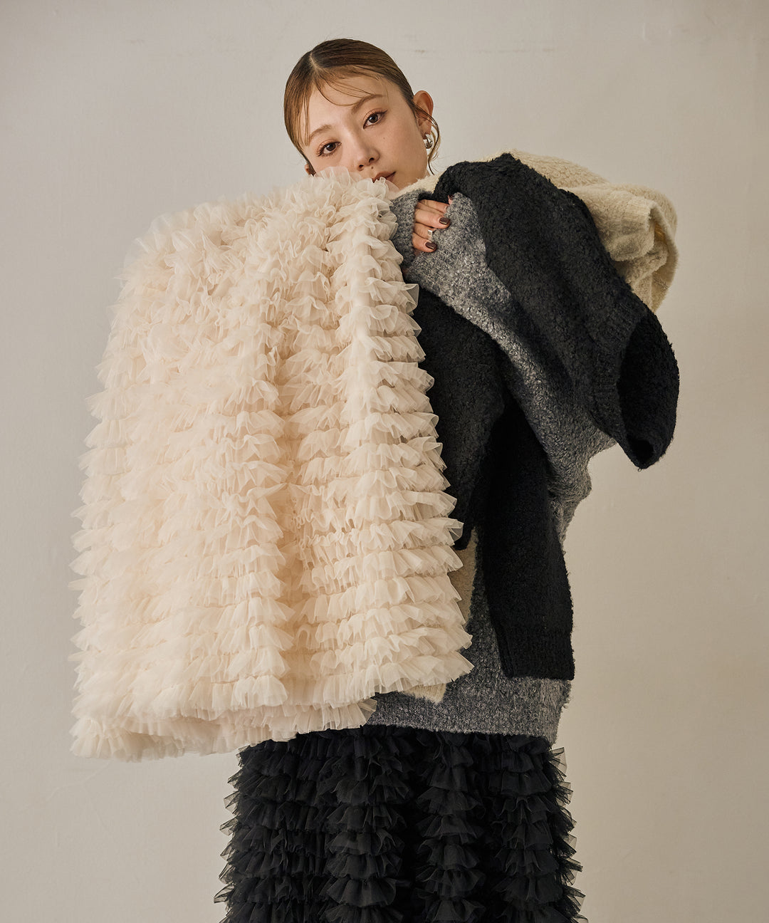 [SET]Boucle Wide Knit Tunic+Verbena Pin Tulle Skirt