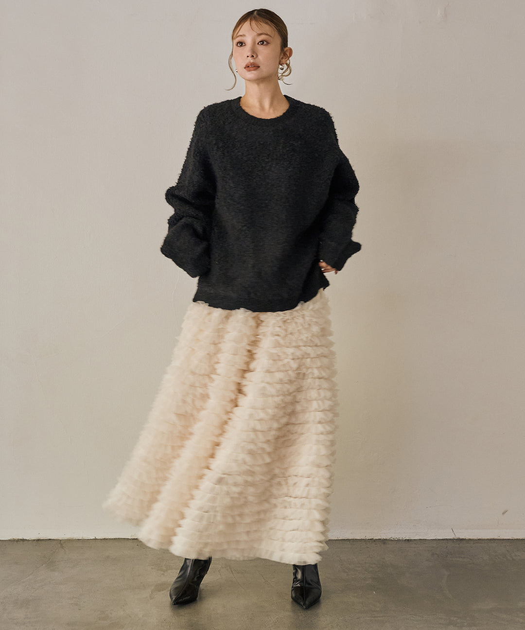[SET]Boucle Wide Knit Tunic+Verbena Pin Tulle Skirt