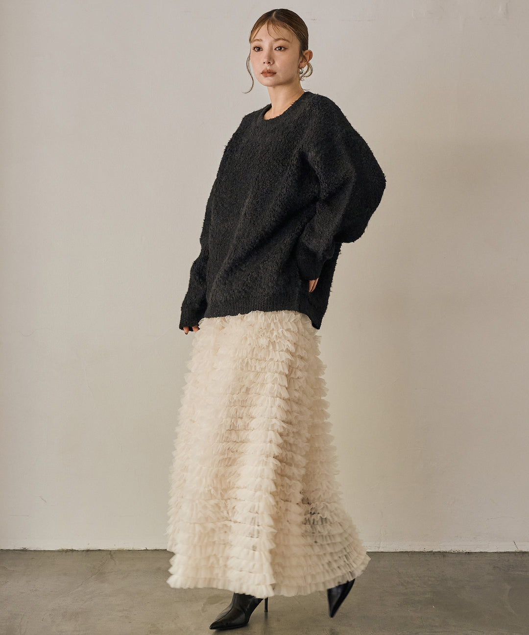 [SET]Boucle Wide Knit Tunic+Verbena Pin Tulle Skirt