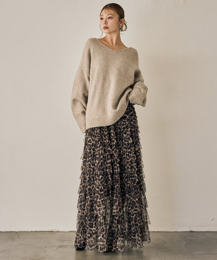 [SET]Heather Choker Knit P/O+Leopard Tulle Tiered Skirt