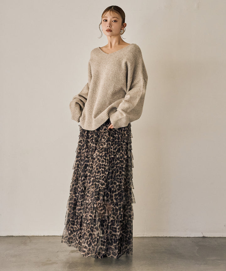 [SET]Heather Choker Knit P/O+Leopard Tulle Tiered Skirt