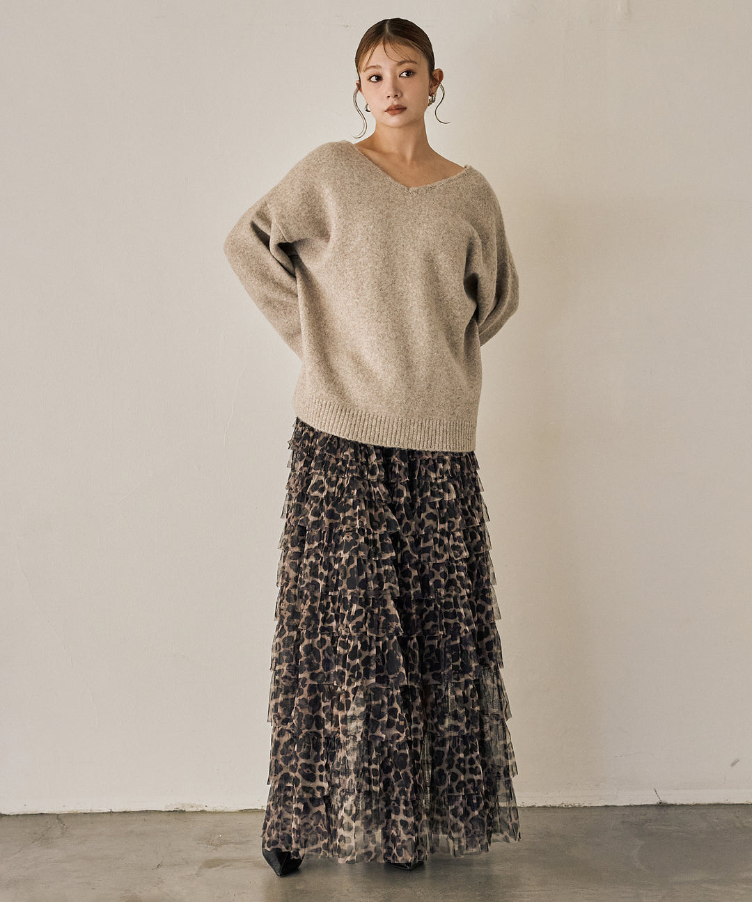 [SET]Heather Choker Knit P/O+Leopard Tulle Tiered Skirt