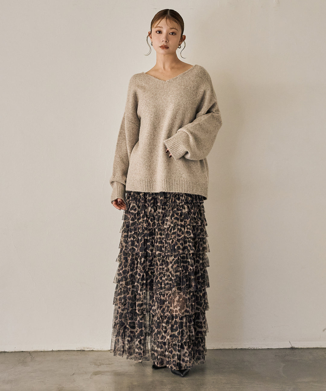 [SET]Heather Choker Knit P/O+Leopard Tulle Tiered Skirt