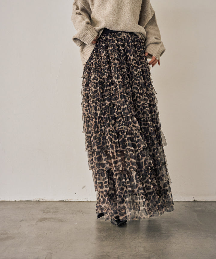 (eliuu)Leopard Tulle Tiered Skirt