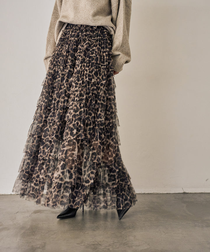 (eliuu)Leopard Tulle Tiered Skirt