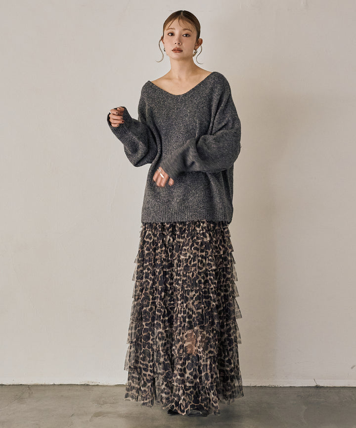 [SET]Heather Choker Knit P/O+Leopard Tulle Tiered Skirt