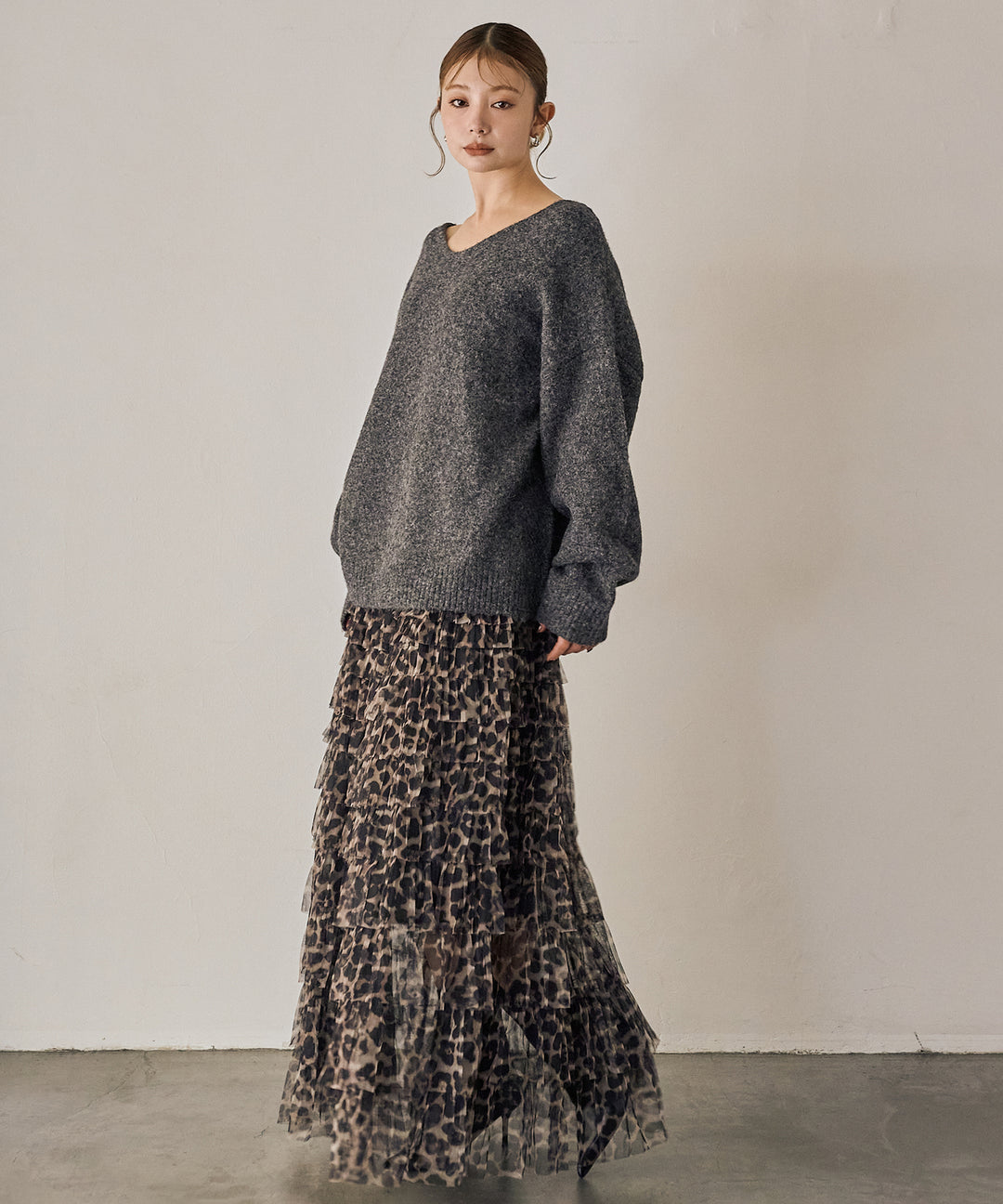 [SET]Heather Choker Knit P/O+Leopard Tulle Tiered Skirt