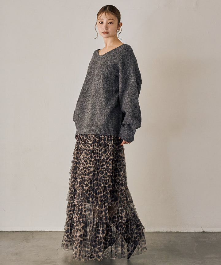 [SET]Heather Choker Knit P/O+Leopard Tulle Tiered Skirt
