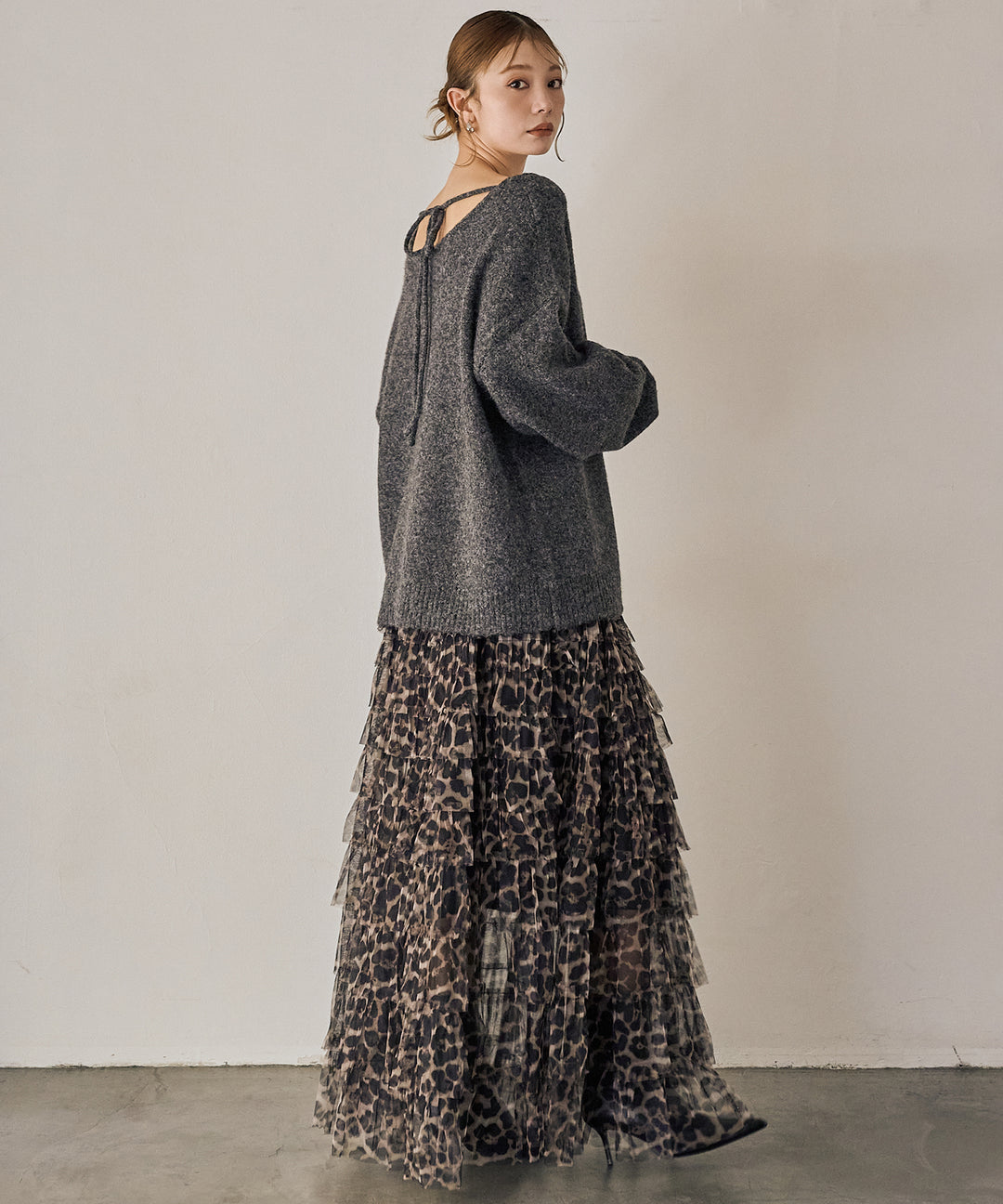 [SET]Heather Choker Knit P/O+Leopard Tulle Tiered Skirt