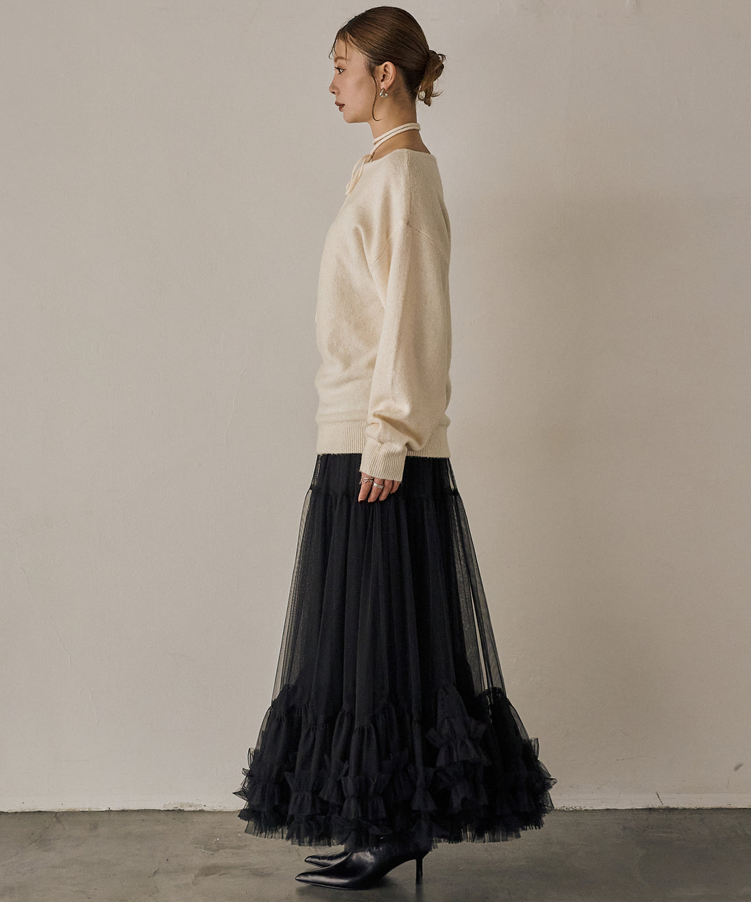 [SET]Stretch 2way Knit Top+Lily Flower Tulle Skirt