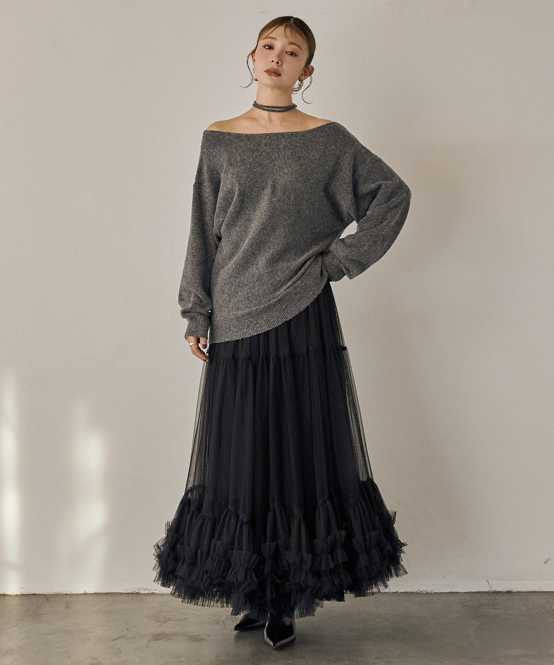 [SET]Stretch 2way Knit Top+Lily Flower Tulle Skirt