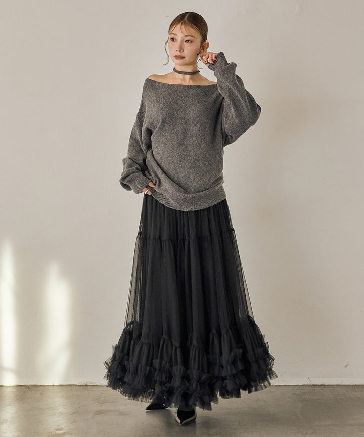 [SET]Stretch 2way Knit Top+Lily Flower Tulle Skirt