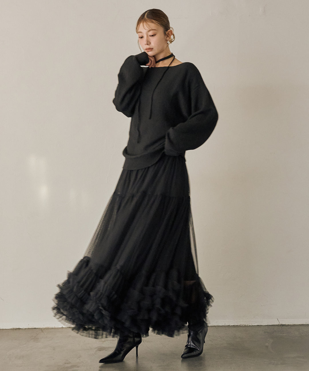 [SET]Stretch 2way Knit Top+Lily Flower Tulle Skirt