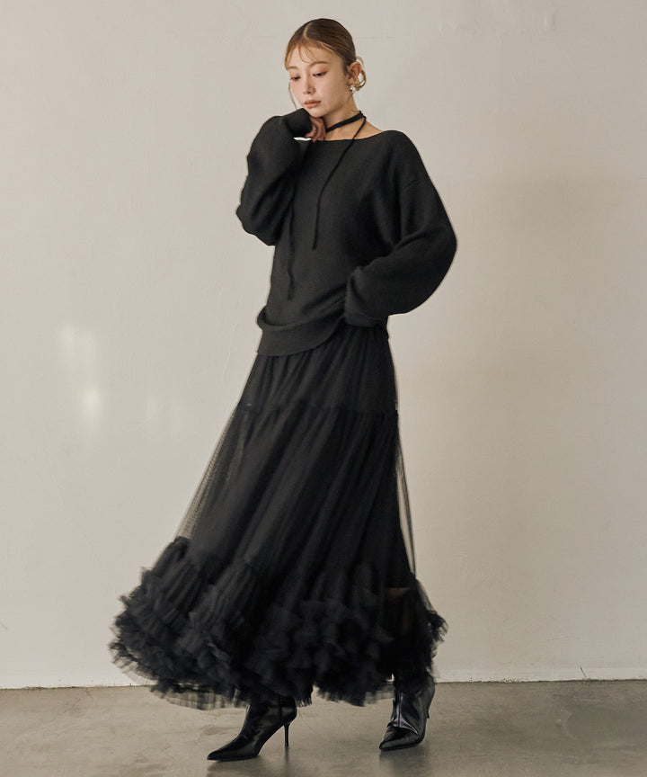 [SET]Stretch 2way Knit Top+Lily Flower Tulle Skirt