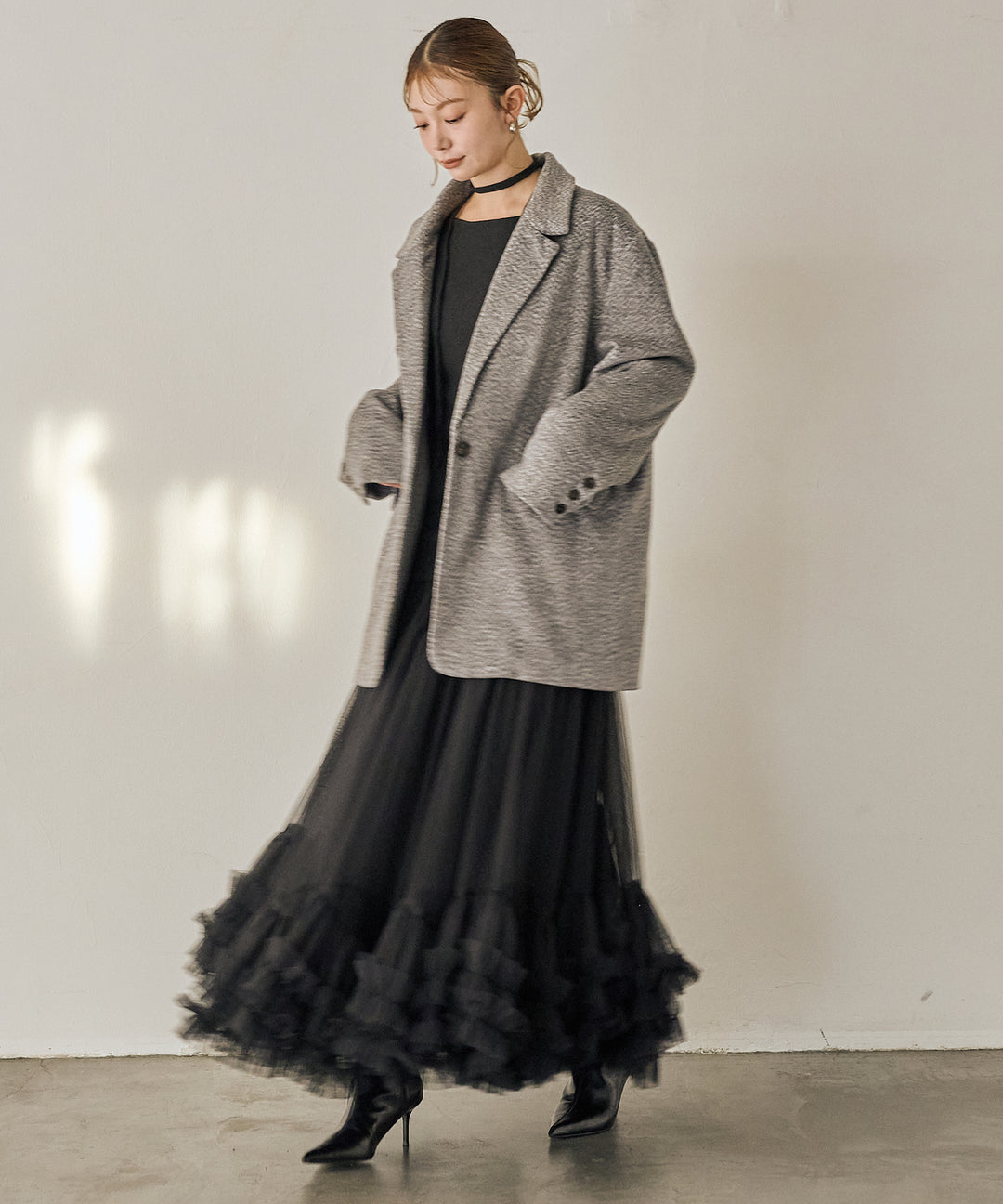 [SET]Heather Mix Over Jacket+Lily Flower Tulle Skirt